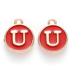 Letter U Golden Plated Enamel Alloy Charms, Enamelled Sequins, Flat Round, Red, Letter.U, 14x12x2mm, Hole: 1.5mm, 100pcs/Box