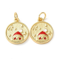 Red Christmas Rack Plating Brass Pendants, with Jump Ring and Enamel, Long-Lasting Real 18K Gold Plated, Cadmium Free & Lead Free, Flat Round with Snowman Charm, Red, 15x13x3mm, Hole: 3.4mm