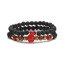 Mixed Stone 2Pcs 2 Style Synthetic Lava Rock & Natural Red Agate Carnelian(Dyed & Heated) & Tiger Eye Beaded Stretch Bracelets Set, Essential Oil Gemstone Jewelry for Women, Inner Diameter: 2-1/4 inch(5.8cm), 1Pc/style