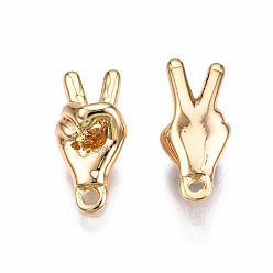Real 18K Gold Plated Brass Charms, Peace Hand Charms, Nickel Free, Palm, Gesture Language, for Victory, Real 18K Gold Plated, 13.5x6x5mm, Hole: 1.2mm
