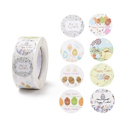 Egg 8 motifs rouleaux d'autocollants en papier auto-adhésif sur le thème de Pâques, avec motif de lapin, étiquettes autocollantes rondes, autocollants d'étiquette de cadeau, couleur mixte, motif de thème de Pâques, 25x0.1mm, 500pcs / roll