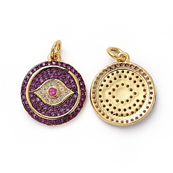 Medium Violet Red Brass Micro Pave Cubic Zirconia Pendants, with Jump Rings, Flat Round with Eye, Gunmetal & Golden, Medium Violet Red, 17.5x15x2mm, Hole: 3mm
