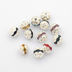Mixed Color Brass Rhinestone Beads, Grade A, Nickel Free, Silver Metal Color, Round, Mixed Color, 6mm, Hole: 1mm