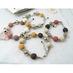 Mixed Color Lava Rock Bracelets, with Alloy beads, Wood Beads, Iron Chains and Alloy Lobster Clasps, Mixed Color, 190mm, bead: 12mm