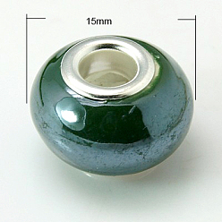 Gris Ardoise Foncé Perles européennes en porcelaine faites à la main , avec noyaux double de couleur argente en alliage , rondelle, gris ardoise foncé, 15x10~11mm, Trou: 5mm