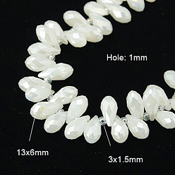 Blanc Verre de galvanoplastie perles de larme à facettes brins, perles percées, de couleur plaquée ab , blanc, 11.5~13x6mm, Trou: 1mm, Environ 92~95 pcs/chapelet, 16.5 pouce