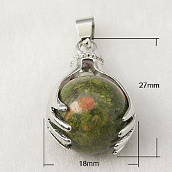Unakite Gemstone Pendants, with Brass Findings and Natural Unakite, Round, Platinum, Olive Drab, 27x18mm, Hole: 4x6mm