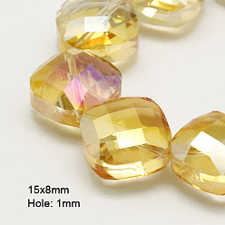 Or Perles en verre electroplate, demi-plaqué, facette, carrée, or, 15x15x8mm, Trou: 1mm
