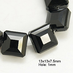 Noir Perles en verre electroplate, perle plaquée lustre, facette, carrée, noir, 13x13x7.5mm, Trou: 1mm