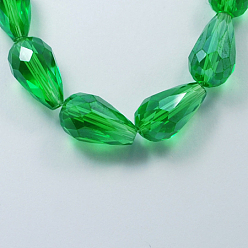 Green Electroplate Glass Beads Strands, Pearl Luster Plated, Faceted, Drop, Green, 11x8mm, Hole: 1mm, about 57~59pcs/strand, 26.38~26.77 inch