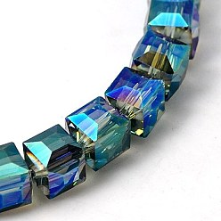 Medium Turquoise Electorplated Glass Beads, Rainbow Plated, Faceted, Cube, Medium Turquoise, 10~11x10~11x10~11mm, Hole: 1mm