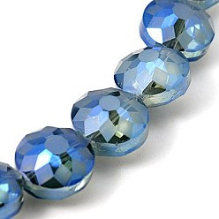 Cornflower Blue Electorplated Glass Beads, Rainbow Plated, Faceted, Flat Round, Cornflower Blue, 14x9mm, Hole: 1mm