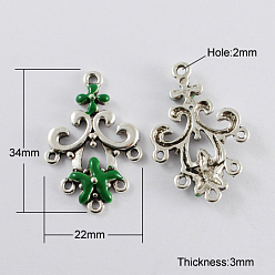 Green Alloy Chandelier Component Links, Cadmium Free & Lead Free, Enamel Style, Flower, Antique Silver, Green, 34x22x3mm, Hole: 2mm