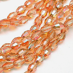 Dark Orange Electroplate Glass Beads Strands, Full Rainbow Plated, Faceted, Oval, Dark Orange, 6x4mm, Hole: 1mm, about 72pcs/strand, 16 inch