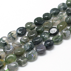 Moss Agate Natural Moss Agate Beads Strands, Oval, 8~15x7~12x4~12mm, Hole: 1mm, about 30~45pcs/strand, 15.7 inch