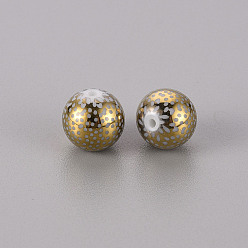 Plaqué Or Perles en verre electroplate, ronde avec motif, plaqué or, 10mm, Trou: 1.2mm