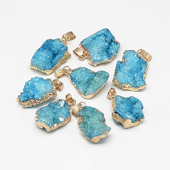 Deep Sky Blue Natural Druzy Agate Pendants, Druzy Trimmed Stone, Dyed, Nuggets, Deep Sky Blue, 23~40x13~30x7~20mm, Hole: 3x6mm