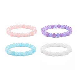 Mixed Color Natural Gemstone & Synthetic Crackle Quartz Round Beaded Stretch Bracelet for Women, Mixed Color, Inner Diameter: 2-1/8 inch(5.4cm), Beads: 8mm