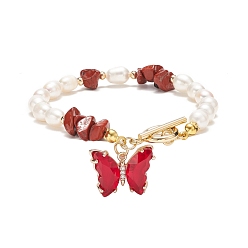 Red Jasper Glass Butterfly Charm Bracelet with Clear Cubic Zirconia, Natural Red Jasper Chips & Pearl Beaded Bracelet for Women, 7-5/8 inch(19.5cm)
