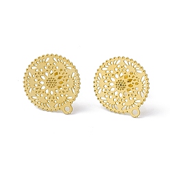 Golden 304 Stainless Steel Stud Earrings Finding, Hollow Flat Round, with Horizontal Loop, Golden, 16x15mm, Hole: 1.2mm, Pin: 0.85mm