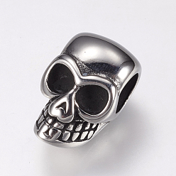 Antique Silver 304 Stainless Steel Beads, Skull, Antique Silver, 18.5x12.5x11.5mm, Hole: 6mm