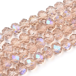 PeachPuff Electroplate Glass Beads Strands, Half Rainbow Plated, Faceted, Rondelle, PeachPuff, 10x8mm, Hole: 1mm, about 63~65pcs/strand, 19.2~20 inch(48~50cm)
