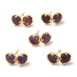 Real 18K Gold Plated Natural Amethyst Flat Round Stud Earrings, Rack Plating Brass Jewelry, Cadmium Free & Lead Free, Real 18K Gold Plated, 9x9mm