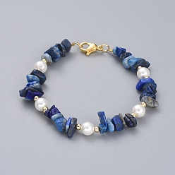 Lapis Lazuli Natural Lapis Lazuli Chip Beaded Bracelets, with Shell Pearl Round Beads, Brass Beads and 304 Stainless Steel Lobster Claw Clasps, 7-1/4 inch(18.5cm)