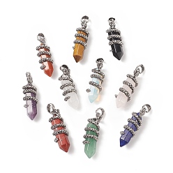 Mixed Stone Gemstone Double Terminal Pointed Pendants, Faceted Bullet Charms with Antique Silver Tone Alloy Dragon Wrapped, 47x14.5x15mm, Hole: 7.5x6.5mm