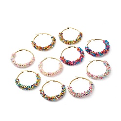 Mixed Color Glass Seed Beaded Hoop Earrings for Girl Women, with 304 Stainless Steel Ear Wire, Golden, Mixed Color, 49x8mm, Pin: 1mm