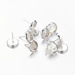 Silver Brass Stud Earring Settings, Nickel Free, Silver Color Plated, Tray: 10mm, 12x12mm, Pin: 0.7mm