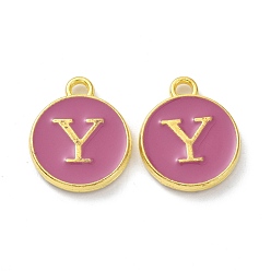 Letter Y Golden Plated Alloy Enamel Charms, Cadmium Free & Lead Free, Enamelled Sequins, Flamingo, Flat Round with Letter, Letter.Y, 14x12x2mm, Hole: 1.4mm