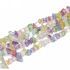 Coloré Cuisson peints en verre craquelé brins de perles, puce, colorées, 5~11x3~9x1~9mm, Trou: 1mm, Environ 200~300 pcs/chapelet, 33.8 pouce