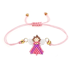 Pink Friendship Angel Loom Pattern Miyuki Seed Beads Bracelets for Women, Adjustable Nylon Cord Braided Bead Bracelets, Pink, 11 inch(28cm)