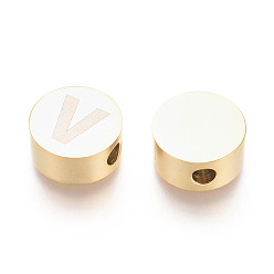 Letter V 304 Stainless Steel Beads, Flat Round with Letter, Letter.V, 10x4.5mm, Hole: 2mm