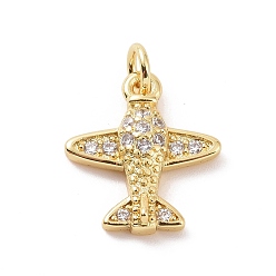 Oro Micro latón allanan encantos de circonio cúbico, con anillo de salto, encanto de avión, dorado, 14.5x13x3 mm, agujero: 2.8 mm