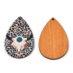 Floral White Single Face Printed Basswood Big Pendants, Teardrop Charm with Sheep Skull and Leopard Print Pattern, Floral White, 60x40x3mm, Hole: 2mm