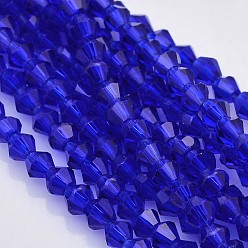 Azul Oscuro Bicone cuentas de vidrio facetados, azul oscuro, 4x4 mm, agujero: 1 mm, sobre 92~96 unidades / cadena, 13.78~14.37 pulgada