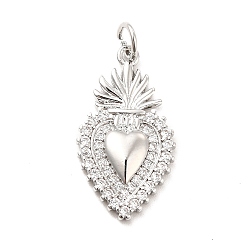 Real Platinum Plated Rack Plating Brass Micro Pave Cubic Zirconia Pendants, Sacred Heart Charm, Mexican Milagro Flaming Holy Heart Charm, Long-Lasting Plated, with Jump Rings, Cadmium Free & Lead Free, Real Platinum Plated, 22.5x12.5x2.5mm, Hole: 3mm