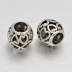 Antique Silver Filigree Heart Rondelle Alloy European Beads, Large Hole Beads, Antique Silver, 10x9.5mm, Hole: 5mm