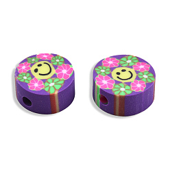 Blue Violet Handmade Polymer Clay Beads, Flat Round with Smiling Face & Flower, Blue Violet, 8.5~10x4.5mm, Hole: 1.5mm