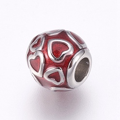 Dark Red 304 Stainless Steel European Beads, Large Hole Beads, with Enamel, Rondelle with Heart, Stainless Steel Color, Dark Red, 10.5x10mm, Hole: 4.5mm