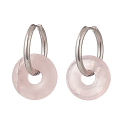 Rose Quartz Natural Rose Quartz Pi Disc/Donut Dangle Hoop Earrings, 304 Stainless Steel Jewelry for Women, 29.5mm, Pin: 1mm