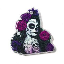 Pourpre Pendentifs acryliques d'halloween, skullgirls avec des charmes de fleurs, pourpre, 30.5x28x2.5mm, Trou: 1.8mm