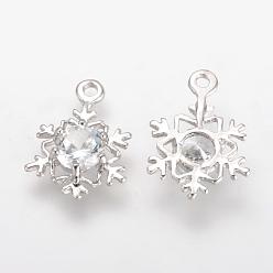 Platinum Alloy Cubic Zirconia Pendants, Snowflake, Platinum, 17x12x3.5mm, Hole: 1.5mm