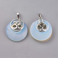 Opalite Opalite Pendants, with Platinum Tone Brass Findings, Flat Round with Om Symbol, 32~32.5x28x7~7.5mm, Hole: 5x8mm