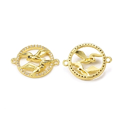 Golden Brass Micro Pave Clear Cubic Zirconia Connector Charms, Ring with Birds Links, Golden, 18x23x4mm, Hole: 1.6mm