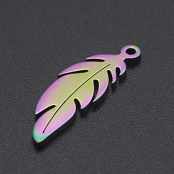 Rainbow Color Ion Plating(IP) 201 Stainless Steel Pendants, Feather, Laser Cut, Rainbow Color, 20x6.5x1mm, Hole: 1mm