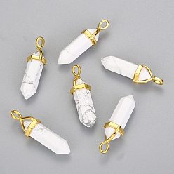 Howlite Natural Howlite Double Terminated Pointed Pendants, with Random Alloy Pendant Hexagon Bead Cap Bails, Golden, Bullet, 37~40x12.5x10mm, Hole: 3x4.5mm