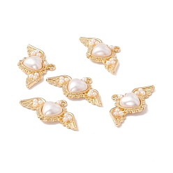 Light Gold Rack Plating Alloy Pendants, with Plastic Imitation Pearl, Wing with Heart, Light Gold, 20x35x5.5mm, Hole: 2mm
